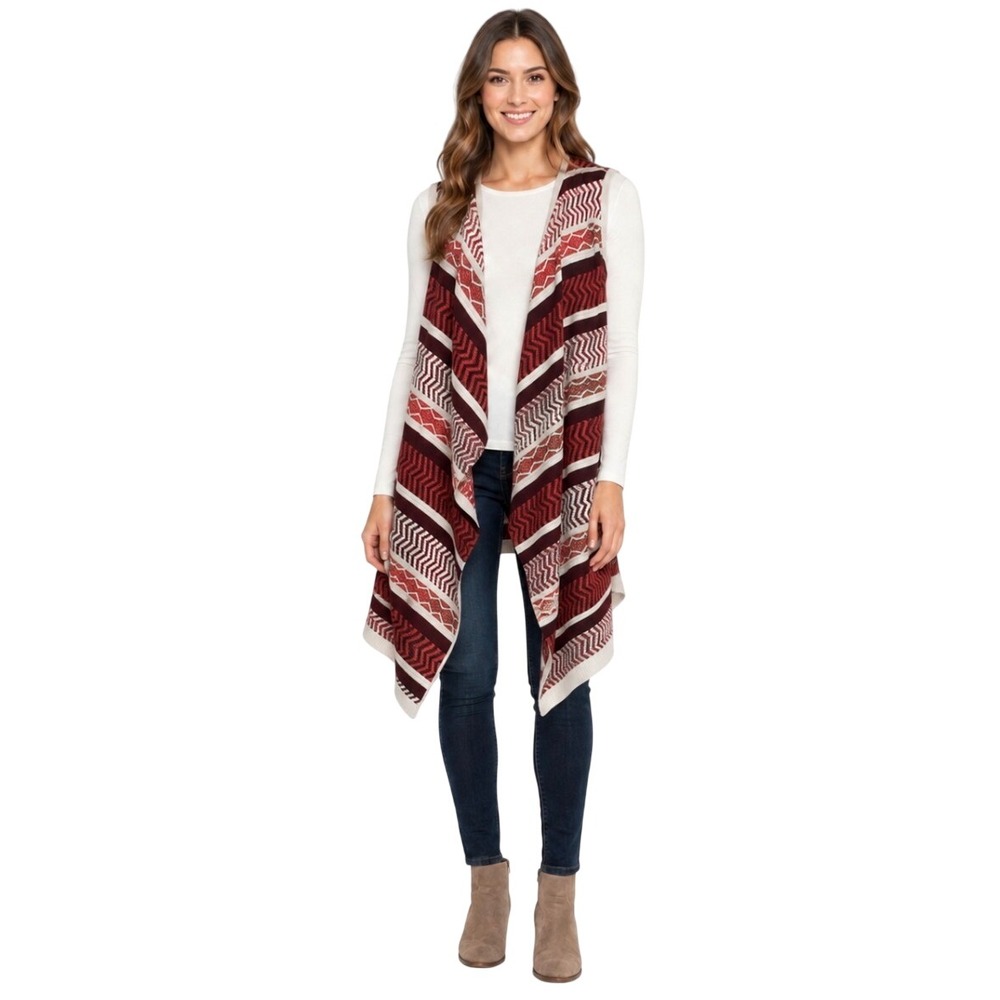 NWT Cupio Women Red Multi Geometric Print Open Front Draped Knit Sweater Vest